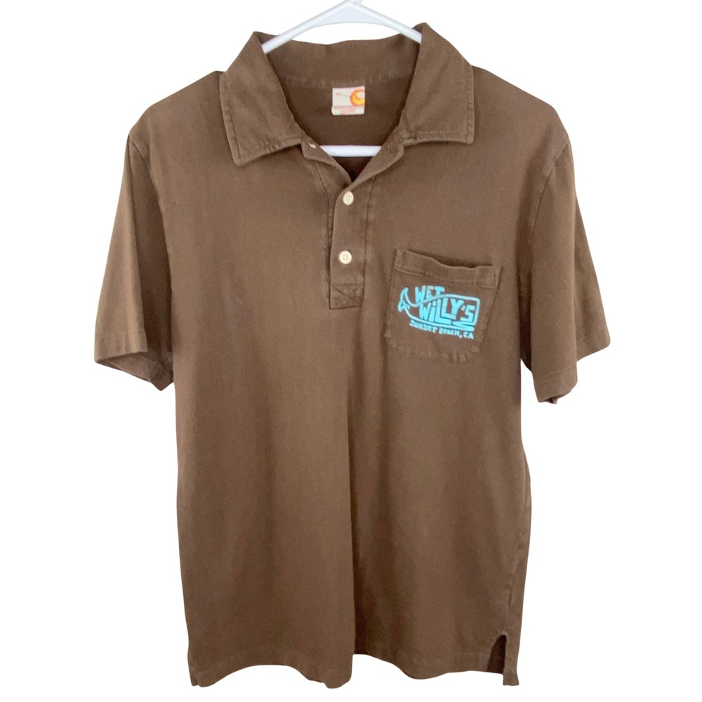 Hollister Wet Willys Polo Shirt Mens M‎ Brown Graphic Sunset Beach CA Indie Y2K